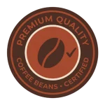 Sello circular de calidad premium con grano de café y check de certificación, café de exportación de la Asociación de Pequeños Caficultores de Ocamonte