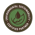 Sello circular de sostenibilidad ambiental con hoja y gota de agua, prácticas agrícolas sostenibles de la Asociación de Pequeños Caficultores de Ocamonte