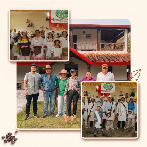 Collage de la comunidad de APCO: asociados con trajes típicos santandereanos y finca cafetera en Ocamonte, Santander