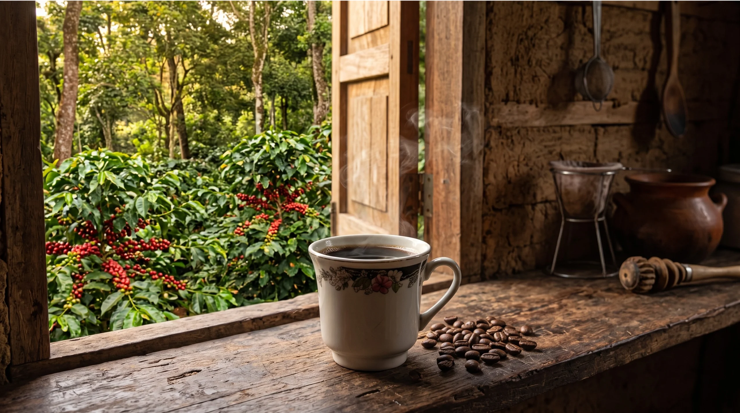 Taza de café campesino junto a la ventana con cafetal bajo sombra al fondo